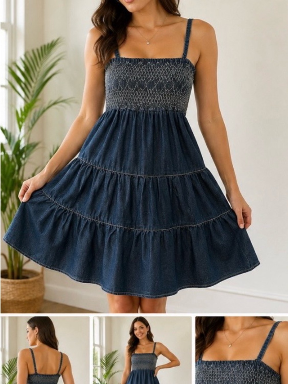 Roommates denim Smocked Tiered Mini Dress festival Cowgirl removable straps M